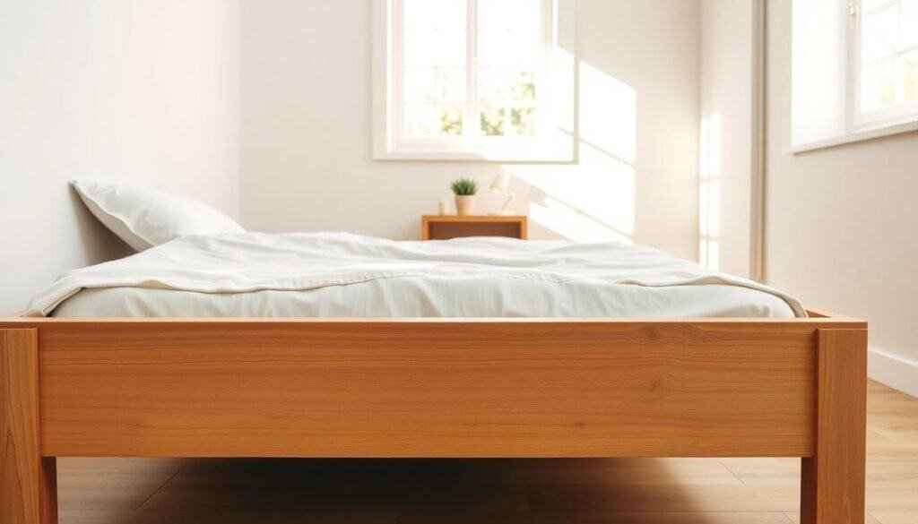 A minimalist wooden bed frame occupies the foreground, showcasing clean lines and a natural wood finish, emphasizing simplicity and functionality. The bed is adorned with soft, neutral bedding, creating a cozy yet uncluttered look. In the middle ground, a small, inviting space features a bedside table with a small potted plant, and a delicate lamp, all bathed in warm, soft sunlight streaming through a nearby window. The background reveals light, airy walls painted in soft pastels, contributing to the serene atmosphere. The overall mood of the image is calm and peaceful, ideal for illustrating a clutter-free bedroom design. Capture this scene with a wide-angle lens to emphasize the spaciousness and depth, ensuring bright, natural lighting enhances the beauty of the wooden textures.