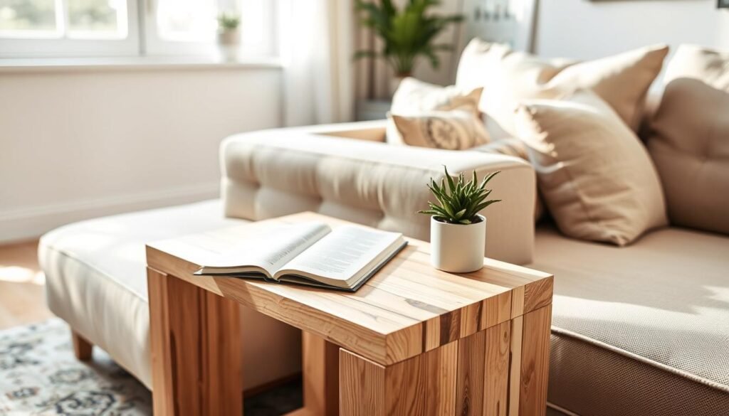 A minimalist wooden couch side table, crafted from light-colored reclaimed wood, showcasing clean lines and a simple design. The table is placed next to a comfortable, neutral-toned couch in a bright, airy living room. Soft sunlight filters through a nearby window, creating a warm, inviting atmosphere. In the foreground, the table features a small potted plant and an open book, emphasizing functionality and simplicity. The middle ground captures the cozy couch with decorative cushions, while the background reveals a serene interior with soft colors and natural elements. The image should be well-lit, highlighting the textures of the wood, with a focus on creating a peaceful and relaxing mood, shot in a slightly elevated angle for a clear view of the table’s functionality and design.