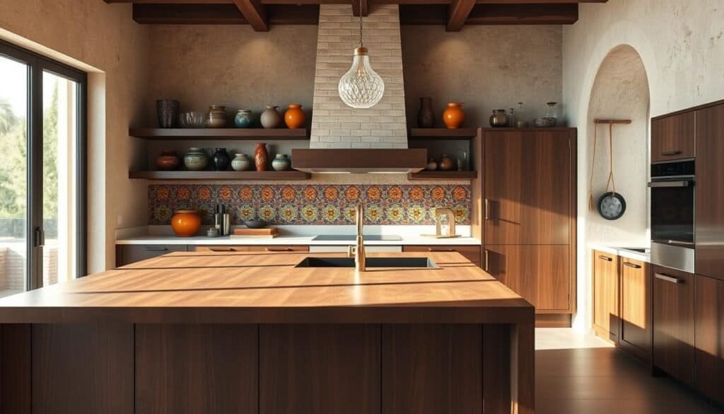A modern Mexican kitchen design that seamlessly blends traditional elements with contemporary elegance. In the foreground, a sleek kitchen island made of rich, dark wood with clean lines and polished countertops. The middle showcases open shelving displaying colorful ceramics and glassware, accentuated by bright natural light filtering through large windows. The background features rustic, textured walls with vibrant tile accents, adding warmth to the space. Utilize soft sunlight to create an airy atmosphere, highlighting the harmony between sophistication and comfort. Capture the scene from a slightly elevated angle to emphasize the layout and flow of the kitchen, evoking a timeless and inviting ambiance. Aim for realism, ensuring the overall design reflects a sense of enduring style and grace.