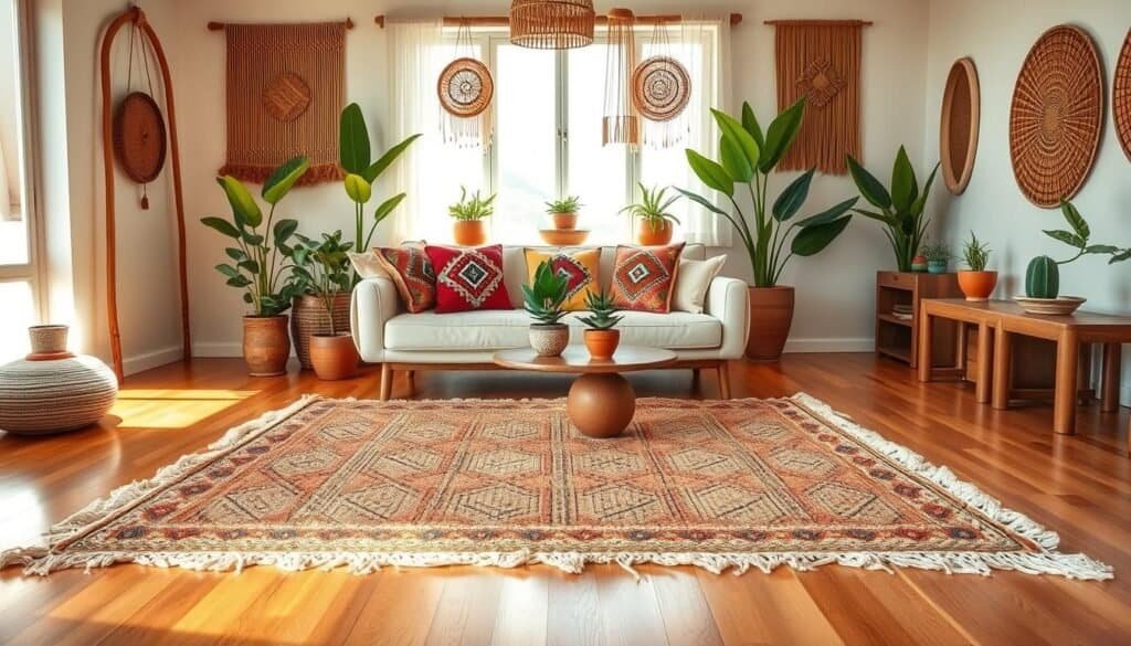 A modern Mexican living room that beautifully balances visual elements through texture and pattern. In the foreground, a warm, woven textile rug with intricate patterns lays on a polished hardwood floor. The middle ground features plush, colorful cushions adorned with traditional Mexican designs on a contemporary, light-colored sofa. Vibrant houseplants in ceramic pots add a fresh touch. In the background, a large window lets in bright natural light, illuminating artisanal wood furniture and woven wall hangings. The overall atmosphere is airy and inviting, with soft sunlight casting gentle shadows, emphasizing the rich textures and harmonious patterns throughout the space. The composition captures a sense of balance and comfort, ideal for showcasing design principles in a home setting.