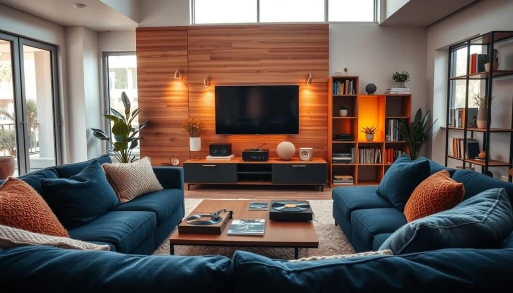 A modern TV room in 2024, designed for warmth and comfort. In the foreground, a cozy, plush navy-blue sofa with an array of inviting throw pillows. On a stylish coffee table, a vintage record player sits beside a few vinyl records. The middle ground features a sleek flat-screen TV mounted on a natural wood accent wall, with soft ambient lighting illuminating the space. A minimalist bookshelf filled with colorful books and small potted plants adds character. In the background, large windows allow bright, soft sunlight to flood the room, creating an airy atmosphere. A mix of muted earth tones and pops of vibrant colors harmonize throughout, enhancing the welcoming feel. The overall mood conveys tranquility and a perfect setting for enjoying sound and music in a relaxed environment.