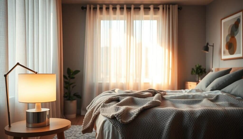 A modern bedroom featuring layered lighting strategies to enhance natural textures. In the foreground, a stylish bedside table with a soft, warm lamp casting gentle light. In the middle, a cozy bed with textured linens and a plush throw blanket, complemented by decorative pillows. Warm, diffused sunlight filters through sheer curtains, illuminating natural wood furnishings, creating a welcoming atmosphere. The background showcases a small indoor plant and a piece of abstract art on the wall that adds depth. The scene is captured with a slightly elevated angle to highlight the interplay of light and texture, evoking a serene and airy mood. The overall composition feels bright and inviting, emphasizing the role of light in transforming a bedroom space.