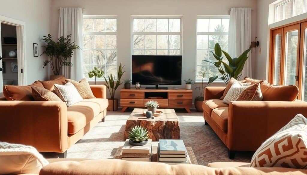 A modern boho sitting room TV area, featuring a cozy seating arrangement with a plush, earth-toned sectional sofa adorned with patterned throw pillows. In the foreground, a rustic wooden coffee table holds a few decorative books and a small succulent plant. In the middle, a sleek flat-screen TV is mounted on a natural wood media console, surrounded by indoor plants for a touch of greenery. The background displays large windows allowing soft, natural light to fill the space, enhancing the airy atmosphere. Light, neutral-colored walls and wooden accents create a harmonious blend of styles. The mood is inviting and relaxed, perfect for enjoying time with family or friends. Shot in bright daylight, with a slightly elevated angle for a comprehensive view of the room's layout.
