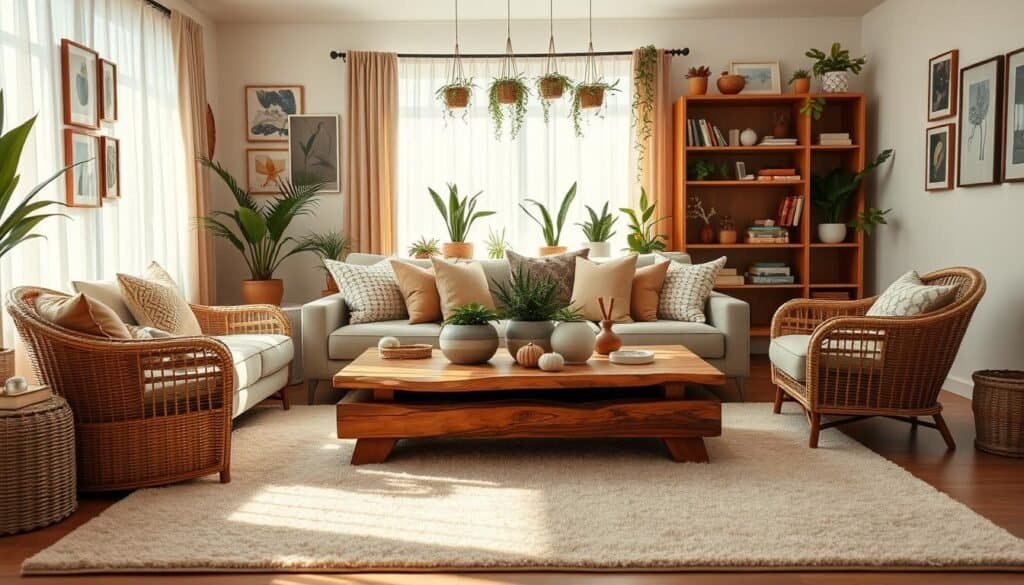 A modern boho sitting room featuring a harmonious arrangement of furniture that enhances flow and function. In the foreground, a plush, neutral-toned area rug anchors a cozy seating area with a low-profile, oversized sofa adorned with textured throw pillows in earthy tones. A stylish wicker chair complements the sofa, creating a welcoming nook. In the middle, a handcrafted wooden coffee table showcases a centerpiece of fresh greenery and artisan decor items. Natural light floods the space through large, sheer curtains, casting soft shadows that enhance the room's airy feel. In the background, a gallery wall of eclectic art and hanging plants adds personality, while a warm wooden bookshelf houses an array of books and decorative objects. The atmosphere is inviting and serene, ideal for relaxation and conversation.