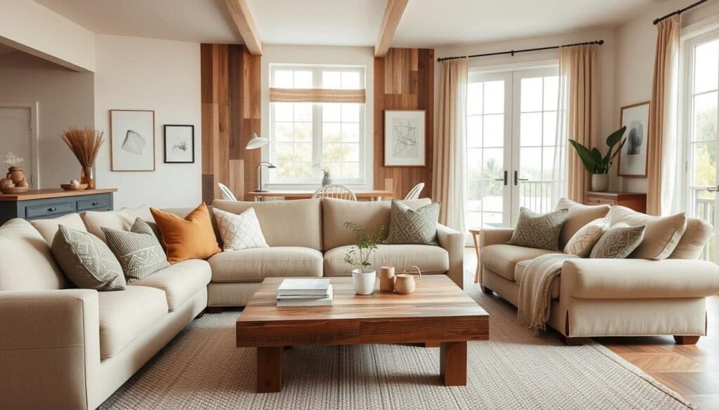 A modern cottage living room filled with warmth and charm, featuring a cozy, neutral color palette that embraces earthy tones. In the foreground, a plush beige sofa adorned with soft, patterned throw pillows invites relaxation. A rustic wooden coffee table sits at its center, embellished with a small plant and a few art books. The middle ground showcases minimalist art pieces on the walls, with textured wall treatments that add depth and interest, such as a combination of reclaimed wood panels and soft fabric accents. In the background, large windows allow soft, natural sunlight to flood the space, illuminating the airy atmosphere. The overall mood is inviting and serene, perfect for shared living, designed to foster connection without clutter. Shot with a wide-angle lens for a spacious feel, capturing the inviting ambiance.