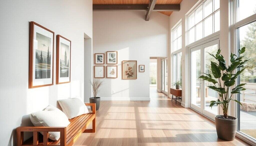 A modern hall featuring a welcoming design, showcasing elegant wall art and tasteful decor elements. In the foreground, a wooden bench with plush cushions offers a cozy seating area. In the middle, a gallery wall adorned with framed artwork in various styles, including abstract pieces and nature-inspired prints, draws the eye. The background reveals a spacious, airy hallway illuminated by soft, natural sunlight streaming through large windows, creating a warm and inviting atmosphere. The flooring is light-toned wood, complementing the overall color scheme. The mood is serene and inviting, perfect for a home that feels both stylish and welcoming. Capture this scene with a wide-angle lens to encompass the full depth and brightness of the space.