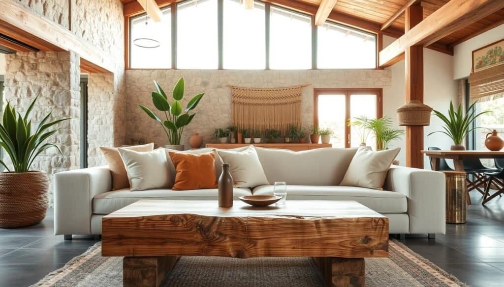 A modern interior of a house in Mexico, showcasing natural materials as design elements. The foreground features a cozy living space with a light-colored, plush sofa adorned with soft, earthy-hued cushions, complemented by a rustic wooden coffee table made from reclaimed timber. In the middle ground, large windows allow bright, soft sunlight to filter through, illuminating the space and highlighting the texture of natural stone walls and wooden beams. The background includes indoor plants and woven textiles hanging on the wall, adding warmth and a touch of nature. The atmosphere feels inviting and serene, with a harmonious blend of modern design and organic elements. The image is captured with a wide-angle lens to enhance the openness of the room, emphasizing the natural light and cozy ambiance.