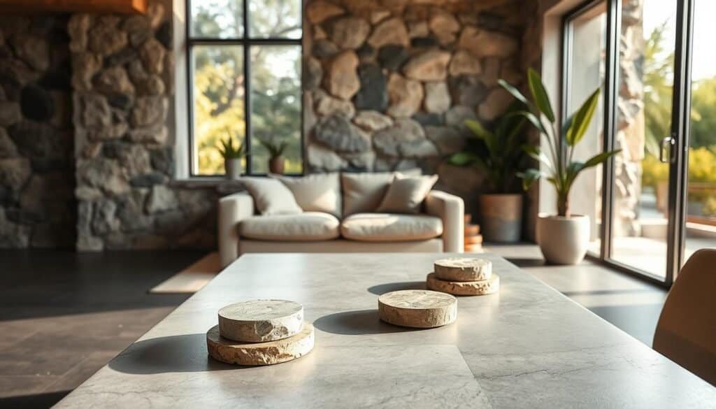 A modern interior space featuring a harmonious blend of stone and concrete elements. In the foreground, there's a sleek, polished concrete table adorned with natural stone coasters. The middle section showcases a cozy seating area with a plush, neutral-toned sofa against a backdrop of exposed stone walls that create a warm, grounding ambiance. Large windows allow soft, natural sunlight to flood the room, illuminating the textures of the stone and concrete. The background includes potted plants that add a touch of greenery, enhancing the inviting atmosphere. The overall mood is serene and contemporary, emphasizing the calming energy flow created by these natural materials. Capture the scene from an angle that showcases the interplay of light and texture, with a bright and airy composition.