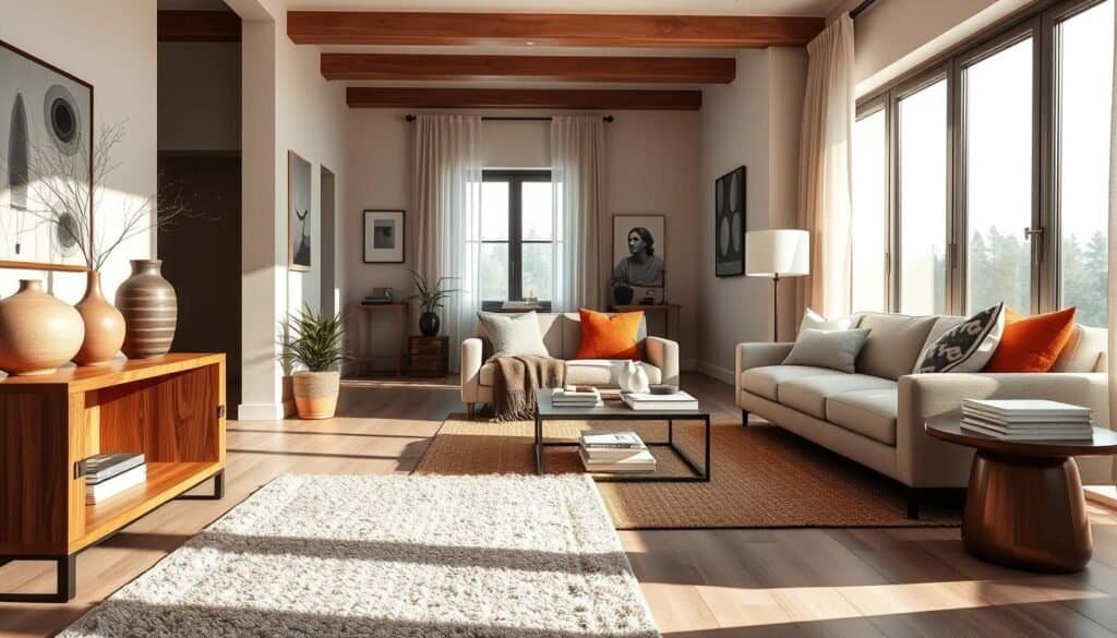 A modern, inviting hall featuring a blend of textiles and soft furnishings to create a cozy atmosphere. In the foreground, a plush area rug in neutral tones complements a sleek wooden console table adorned with decorative vases. The middle ground showcases a stylish sofa with colorful throw pillows and a knitted throw, alongside a sleek coffee table displaying art books. The background includes large windows allowing bright, natural light to flood the room, highlighting soft curtains that gently sway. The walls are decorated with minimalistic art, enhancing the airy feel. Use soft sunlight to create warm highlights and deep shadows for contrast, capturing an inviting, relaxed mood in a contemporary home setting.