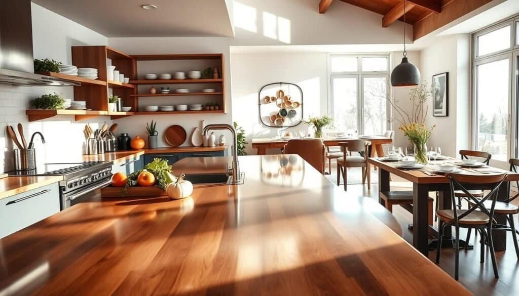A modern, inviting kitchen that showcases optimal flow and functionality. In the foreground, a polished wooden island with fresh ingredients and stylish kitchenware, reflecting bright natural light that streams through large windows. The middle ground features sleek countertops, stainless steel appliances, and open shelving adorned with neatly arranged dishes and vibrant herbs. In the background, a spacious dining area with a rustic wooden table set for a meal, bathed in soft sunlight that creates a warm, airy atmosphere. The overall mood is one of harmony and practicality, emphasizing the kitchen as the heart of the home. A wide-angle perspective captures the seamless connection between cooking and dining spaces, illustrating an ideal flow for daily family life.