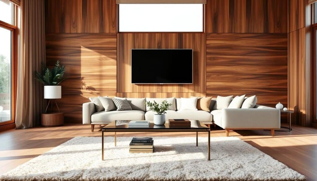A modern living room featuring a large flat-screen TV mounted on a wooden accent wall, creating a warm and inviting atmosphere. The foreground includes a plush area rug with neutral tones, surrounded by a sleek coffee table with decorative books and a small potted plant. In the middle, a comfortable sectional sofa adorned with soft throw pillows invites relaxation and gathering. The background showcases large windows that allow bright, natural light to flood the space, casting soft shadows and highlighting the earthy textures of wooden decor. The overall mood is cozy and welcoming, perfect for family entertainment, with a hint of contemporary elegance. The scene is captured with a wide-angle lens, emphasizing the spaciousness and airy feel of the room.