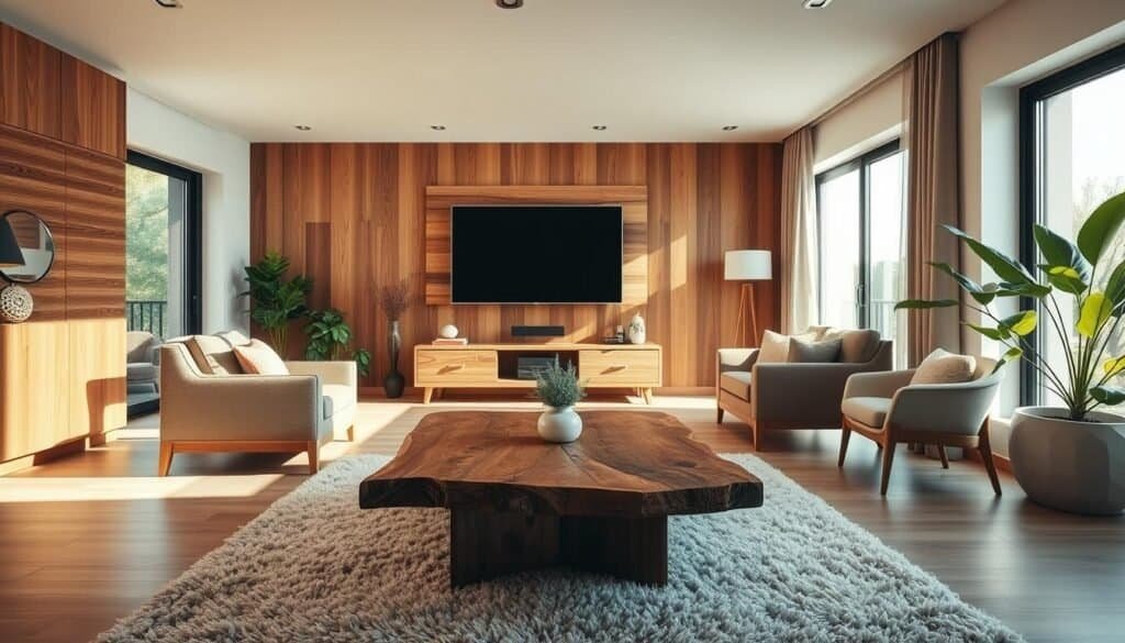 A modern living room featuring a large flat-screen TV mounted on the wall, surrounded by elegant wooden decor that adds warmth and character to the space. In the foreground, a plush area rug sits beneath a stylish coffee table made of reclaimed wood. The middle section showcases inviting seating arrangements with a comfortable sofa and accent chairs, all bathed in bright natural light streaming through large windows. Soft sunlight creates an airy atmosphere, enhancing the textures of the wooden elements. In the background, subtle greenery peeks from potted plants, emphasizing a welcoming ambiance. The overall mood is serene and cozy, ideal for a shared living space conducive to relaxation and connection. The image is captured with a wide-angle lens for a spacious feel and is well-composed to avoid clutter.