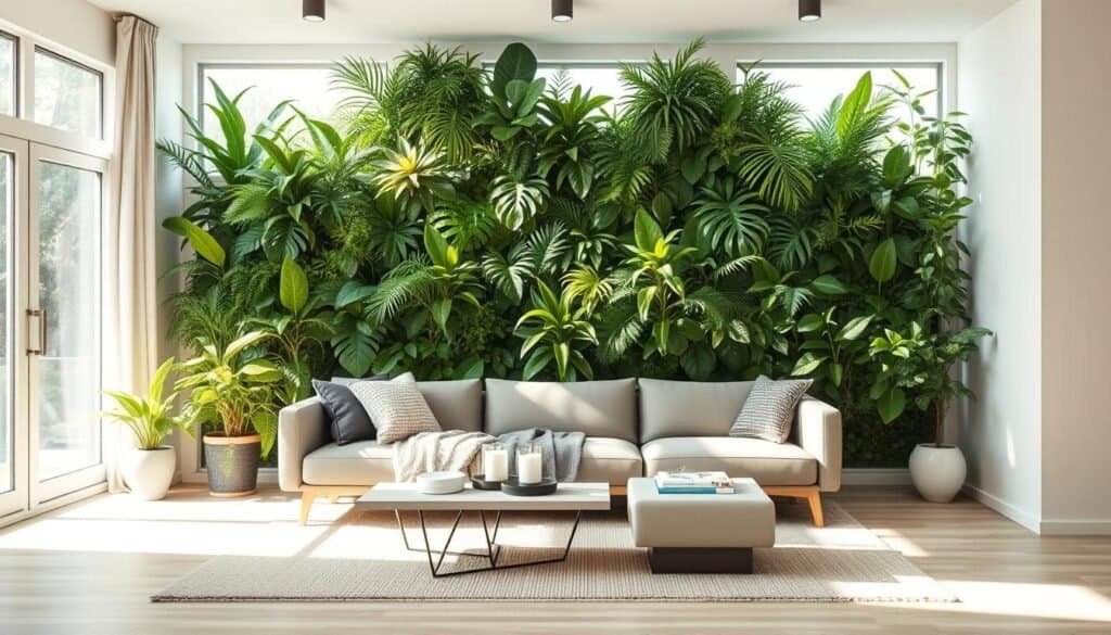 A modern living room featuring a lush plant accent wall, showcasing a variety of green foliage such as ferns, philodendrons, and pothos. In the foreground, a cozy, minimalist sofa with textured cushions and a soft throw, complemented by a geometric coffee table. The middle ground features an inviting rug and stylish decor items, such as candles and art books. The background displays large windows flooding the space with bright, natural light, highlighting the vibrant green plants and creating a warm, airy atmosphere. Soft sunlight dapples the room, enhancing the sense of tranquility and connection with nature. The overall mood is serene and welcoming, perfect for fostering a sense of harmony in home spaces.