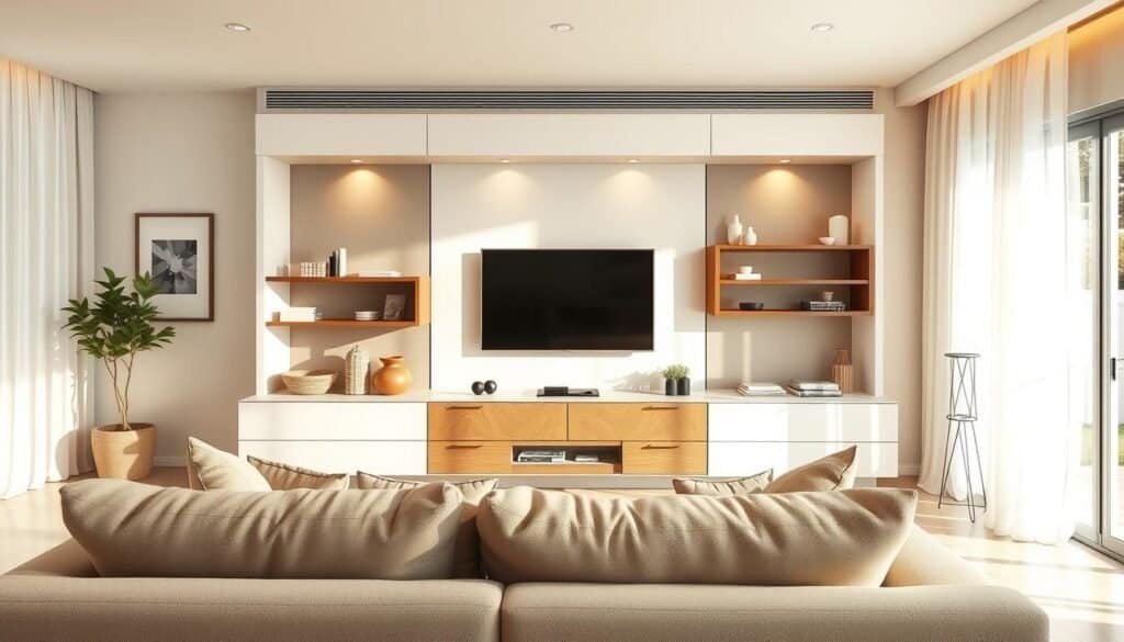 A modern living room featuring a stylish TV wall designed to create a warm and inviting atmosphere. In the foreground, a plush, neutral-toned sofa with soft cushions invites relaxation. The middle layer showcases a sleek, minimalistic entertainment unit, elegantly mounted with a flat-screen TV, complemented by carefully arranged decorative items and warm lighting fixtures. In the background, large windows allow bright, natural light to flood the space, accentuating the airy feel. The walls are painted in soft, welcoming hues, with subtle artwork that adds character. The scene captures a cozy ambiance with soft sunlight filtering through sheer curtains, creating gentle shadows and highlights that enhance the inviting atmosphere of the room.