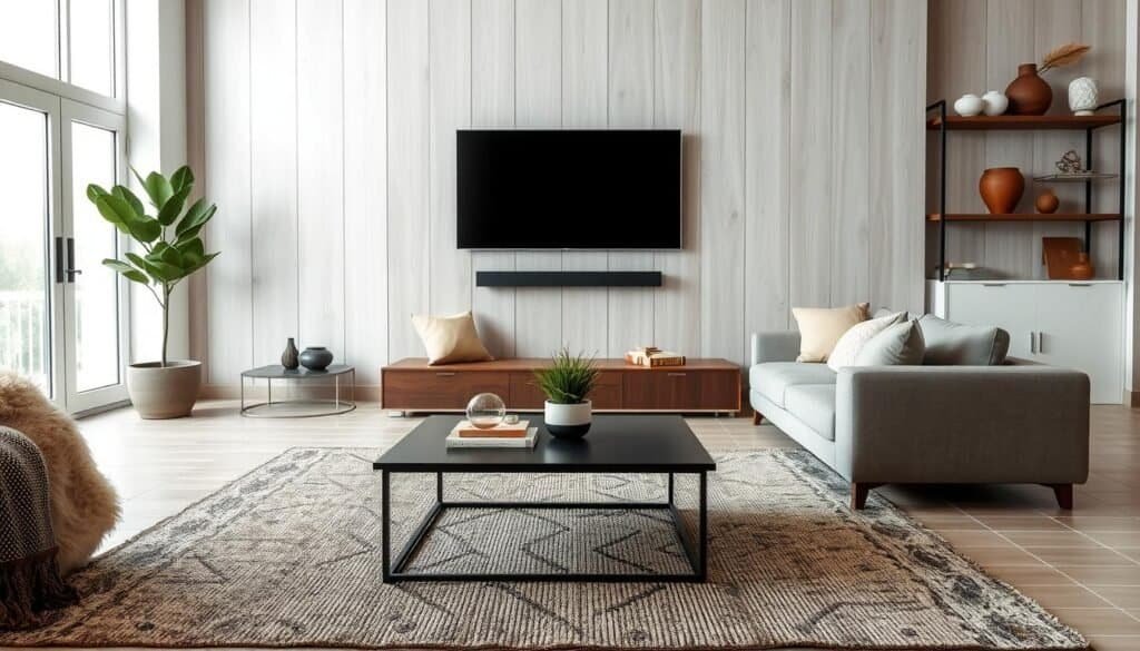 A modern living room featuring a stylish TV wall with a sleek, mounted flat-screen television. In the foreground, a cozy, textured area rug placed beneath a contemporary coffee table adorned with decor books and natural elements like a small potted plant. The middle ground showcases a sectional sofa upholstered in soft, muted tones, flanked by plush cushions that add warmth. The background reveals a wall of pale wood paneling, complemented by decorative shelves displaying artisanal ceramics and curated textiles. Large windows allow bright, soft natural light to flood the room, creating an airy and inviting atmosphere. The overall mood is serene and harmonious, emphasizing the connection between the living space and its accessories, captured from a slightly elevated angle to highlight the layout and flow.