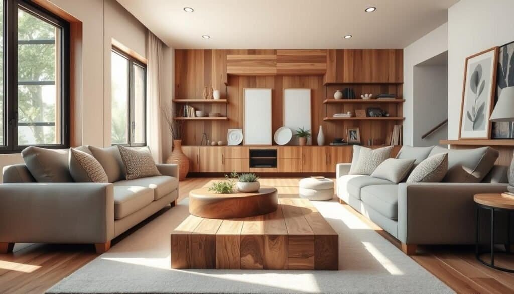 A modern living room featuring elegant wooden accents that create a cozy atmosphere. In the foreground, a plush, neutral-toned sofa with textured cushions is tastefully arranged. The middle area showcases a stylish coffee table made from reclaimed wood, surrounded by decorative wooden elements like a carved bowl and greenery. Soft sunlight streams in through large windows, casting gentle shadows and highlighting the rich textures of the wooden accents on the walls, including paneling and shelving. In the background, minimalist decor, featuring wooden picture frames and soft textiles, enhances the warm, inviting feel of the space. The mood is serene and relaxed, designed to evoke a sense of natural warmth and comfort in a contemporary living environment.