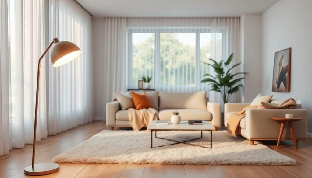 A modern living room interior showcasing a harmonious blend of stylish lighting solutions. In the foreground, a sleek floor lamp with a warm, soft glow casts gentle light across a plush area rug. The middle area features a comfortable sofa adorned with cozy throw pillows and a warm blanket, inviting relaxation. A contemporary coffee table sits nearby, topped with a few elegant decorative pieces. In the background, large windows allow bright, natural light to filter through sheer curtains, illuminating the airy space. The walls are painted in soft, neutral tones, enhancing the inviting atmosphere. The overall mood is warm and serene, perfect for creating a cozy environment to soften an echoey living space. The scene should evoke a sense of tranquility and comfort, ideal for a modern home.