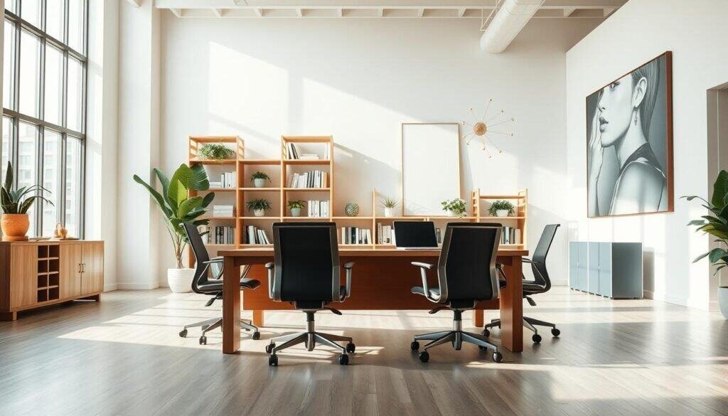 A modern office room layout featuring a spacious and airy design that highlights disproportionate scale and dimensions. In the foreground, a large, minimalist wooden desk is positioned near a tall window, allowing soft natural light to illuminate the space. Surrounding the desk are professional office chairs with ergonomic designs. In the middle ground, a sleek bookshelf filled with neatly arranged books and plants adds to the atmosphere. The background showcases high ceilings and oversized art pieces that create a sense of imbalance. The lighting is bright and inviting, with sunlight streaming through the window, casting soft shadows on the floor. The overall mood is professional yet approachable, emphasizing the architectural elements that contribute to the feeling of space.