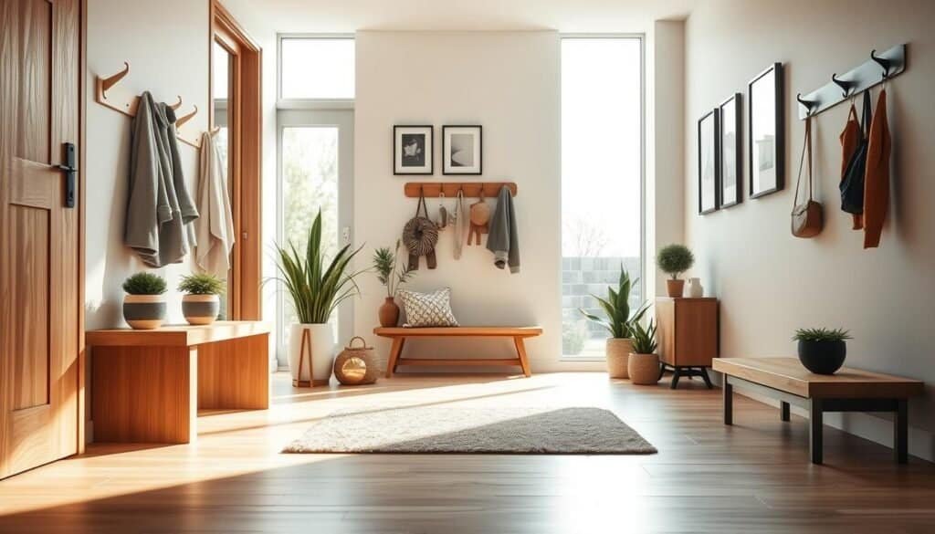 A modern vestibule showcasing inviting entryway design trends, featuring natural wood elements like a warm-toned wooden bench and a sleek coat rack. The foreground captures a stylish, minimalistic shoe mat and decorative potted plants that add a touch of greenery. In the middle ground, large, bright windows allow soft, airy sunlight to flood the space, highlighting the texture of the wooden surfaces and creating a welcoming atmosphere. The background showcases a well-organized wall with tasteful hooks and framed art prints, all in harmonious colors. The scene is captured with a softly focused lens that emphasizes depth, and the lighting feels natural and bright, creating an inviting ambience designed for first impressions. The overall mood is serene and contemporary, reflecting a perfect blend of functionality and aesthetic appeal.