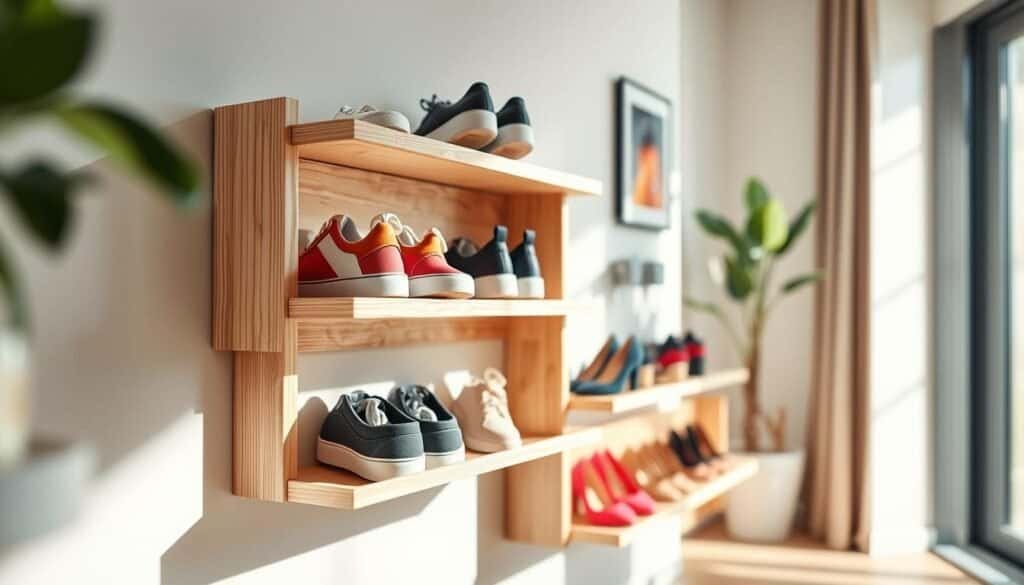 A modern, wall-mounted shoe rack crafted from light-colored wood, featuring a sleek and minimalist design. The rack showcases neatly arranged shoes of various styles, including sneakers and heels, to highlight its functionality. In the foreground, the focus is on the textured wood grain, emphasizing quality craftsmanship. The middle ground reveals the shoes in vibrant colors to create visual interest, while the background features a softly blurred, well-lit living space with neutral-toned walls and a potted plant, enhancing the homey atmosphere. The lighting is bright and natural, streaming in through a nearby window, casting gentle shadows that evoke a warm, inviting mood. The composition is captured from a slightly elevated angle to give a better view of the shoe rack and its surroundings, providing a fresh, airy feel to the image.