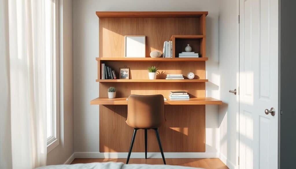 A modern, wall-mounted wooden workspace designed for a small bedroom, showcasing handcrafted wooden shelves and a minimalist desk made of warm oak. The workspace is arranged with neatly organized stationery and a small potted plant, conveying a sense of calm and productivity. In the foreground, soft sunlight streams in through a nearby window, illuminating the rich textures of the wood and creating a warm, inviting atmosphere. The middle ground features a stylish chair positioned at the desk, emphasizing functionality without taking up floor space. In the background, a cozy, well-decorated bedroom setting is visible, with soft pastel colors and natural light, enhancing the feeling of airiness and tranquility in the space. The overall mood is serene and organized, perfect for a small living area.