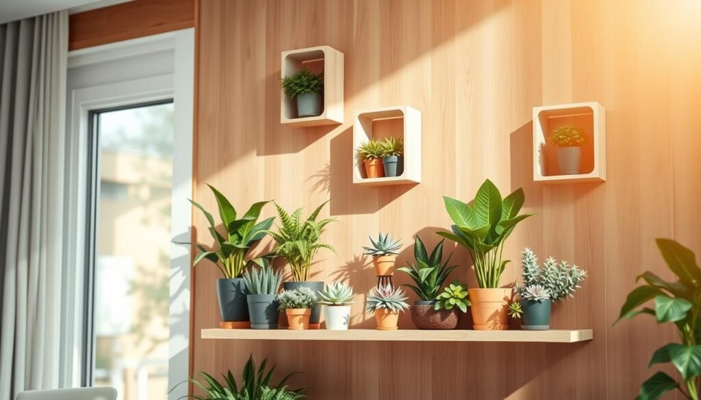A modern wooden wall adorned with sleek, geometric plant display racks, showcasing an array of vibrant green plants. In the foreground, a collection of various potted plants, like succulents and ferns, are arranged neatly on a minimalistic wooden shelf, emphasizing balance and harmony. The middle section features the wall-mounted racks made of light-colored wood, with clean lines and a contemporary design that complements the natural elements. Soft, warm sunlight filters through a nearby window, illuminating the scene and casting gentle shadows. The background is softly blurred, hinting at a cozy living space that enhances the overall airy and inviting atmosphere. The mood is fresh, modern, and harmonious, perfect for a stylish home décor setting.