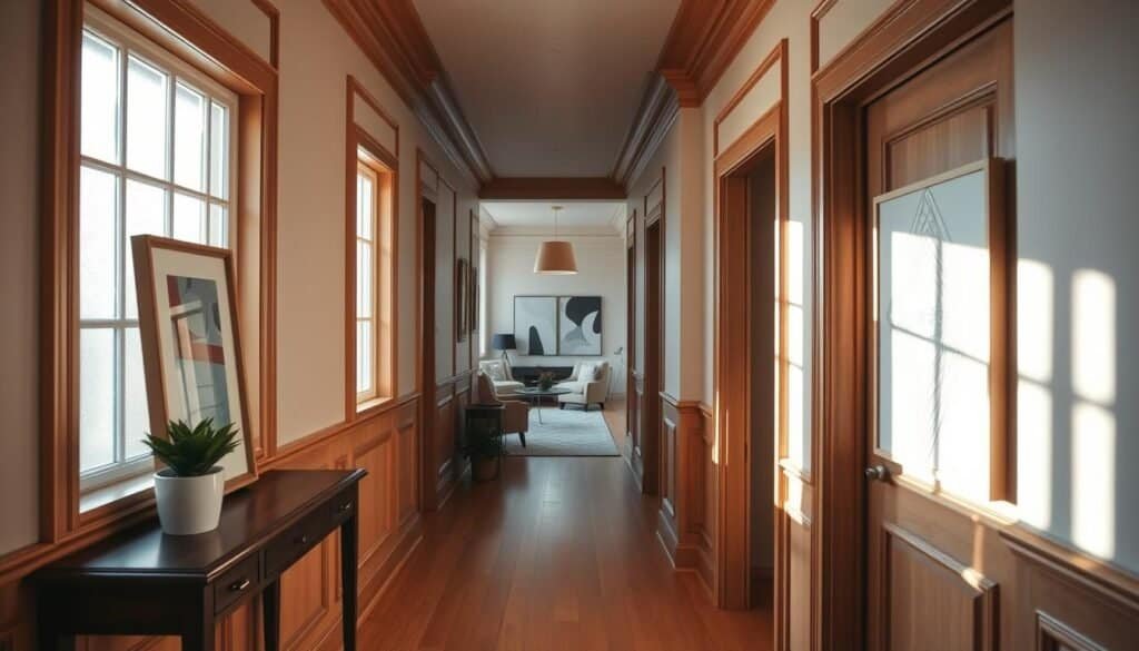 A narrow hallway decorated with elegant wooden paneling and subtle moldings, featuring warm-toned wooden flooring. The foreground includes a stylish console table adorned with a small potted plant and a framed artwork, contributing to a welcoming ambiance. In the middle ground, the hallway is illuminated by soft, diffused sunlight streaming through strategically placed frosted glass windows, creating a serene atmosphere. In the background, the hallway extends with an inviting glimpse of an open living space, showcasing geometric artwork on the walls and hanging pendant lights that add a touch of sophistication. The overall mood is bright and airy, emphasizing a harmonious flow, with a focus on the interplay of light and space that enhances the feeling of comfort and movement within the home.
