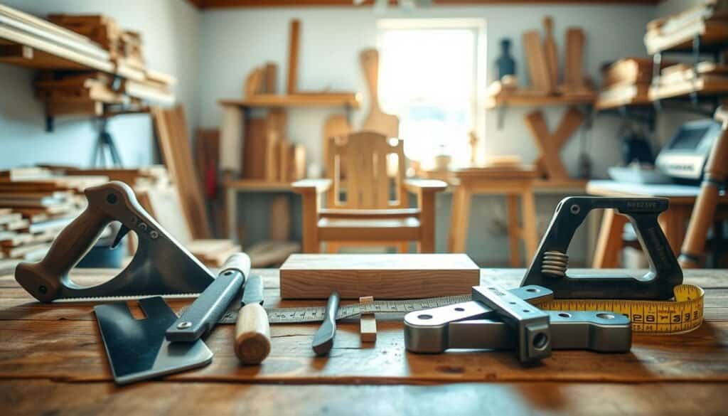 A neatly arranged set of essential woodworking tools for beginners, displayed on a rustic wooden workbench. In the foreground, include a hand saw, chisel set, measuring tape, and a square, all shining with bright natural light. The middle layer features a beautifully crafted wooden project, such as a simple wooden chair or a small table, with visible grain patterns to emphasize craftsmanship. In the background, a bright workshop bathed in soft sunlight showcases shelves filled with lumber and additional tools, creating an inviting atmosphere. The overall mood is warm and encouraging, inspiring budding woodworkers to embark on their projects. The scene captures a homey and well-organized workspace, designed for creativity and hands-on learning.