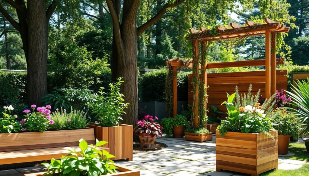 A peaceful garden scene showcasing various wood accents that evoke calmness and tranquility. In the foreground, there are beautifully crafted wooden benches and planters, filled with lush green plants and vibrant flowers. The middle ground features a rustic wooden trellis entwined with climbing vines, adding height and depth. In the background, tall trees provide a natural canopy, while soft sunlight filters through the leaves, casting gentle shadows on the ground. The overall atmosphere should be serene and welcoming, highlighting the beauty of natural wood finishes, such as smooth grains and warm tones. Capture this scene with a bright, airy composition, accentuating the interplay of light and shadow, evoking a sense of relaxation and harmony within the garden space.