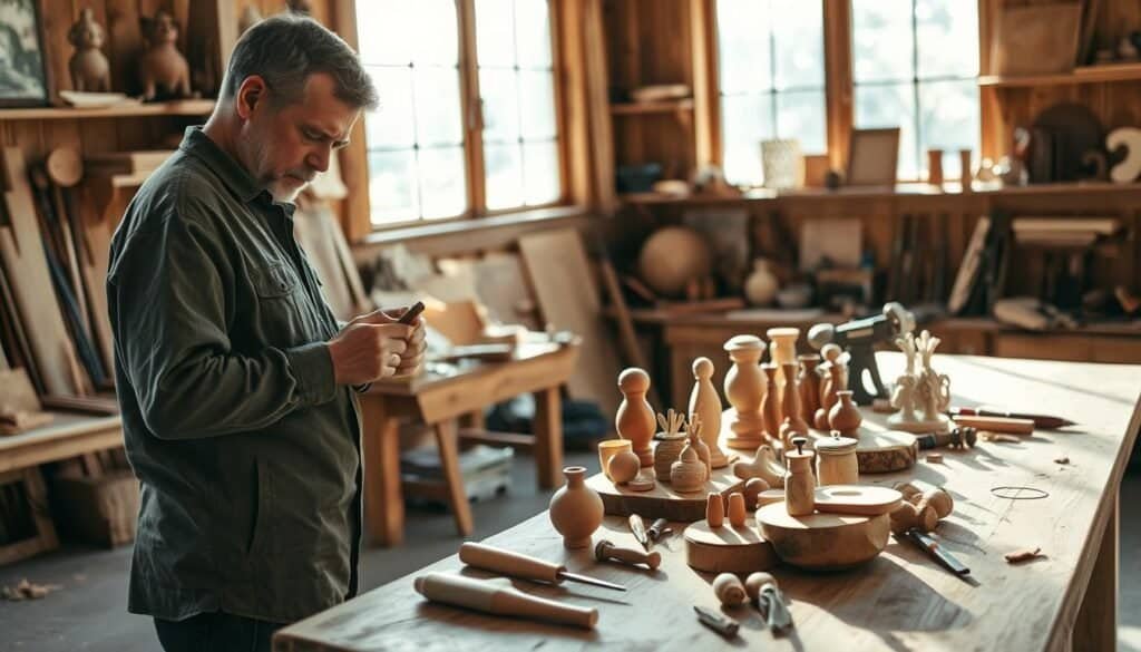 A peaceful woodworking scene captured in a serene workshop. In the foreground, a craftsman, dressed in modest casual clothing, is focused intently on shaping a beautiful wooden piece with hand tools, showcasing skilled craftsmanship. In the middle ground, various woodworking tools are neatly arranged on a rustic wooden bench, surrounded by small wooden carvings and projects in progress, hinting at creativity and mindfulness. The background features large windows allowing bright, soft sunlight to filter in, illuminating the space and casting gentle shadows. The walls display wooden shelves filled with raw materials and completed projects. The overall atmosphere is calm and inviting, emphasizing the therapeutic nature of working with wood, with an emphasis on natural tones and textures.
