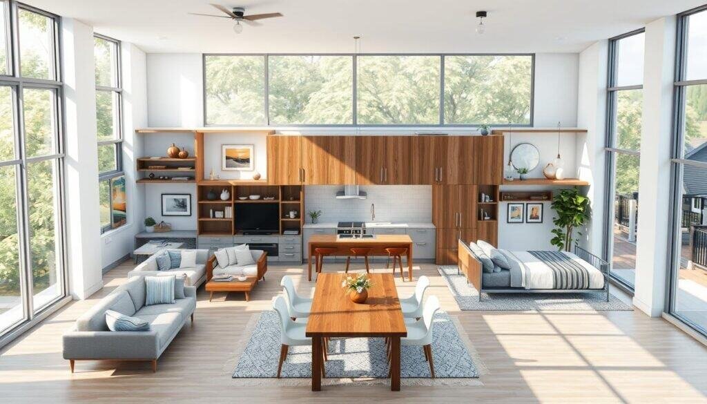 A realistic Sims floor plan layout showcasing a well-organized interior space. In the foreground, display a variety of distinct rooms such as a cozy living room with mismatched textures, a modern kitchen featuring sleek materials, and a tranquil bedroom with harmonious colors. In the middle ground, incorporate elements like furniture and decor that contrast sharply, emphasizing mismatched styles—perhaps a rustic wooden table paired with minimalist chairs. The background should feature large windows allowing bright natural light to flood the space, creating an airy atmosphere. Use soft sunlight to enhance the colors and textures, highlighting both the inviting and disjointed aspects of the architecture. Capture the scene from a slightly elevated angle, maintaining a clear, detailed view of the entire layout without any text or distractions.