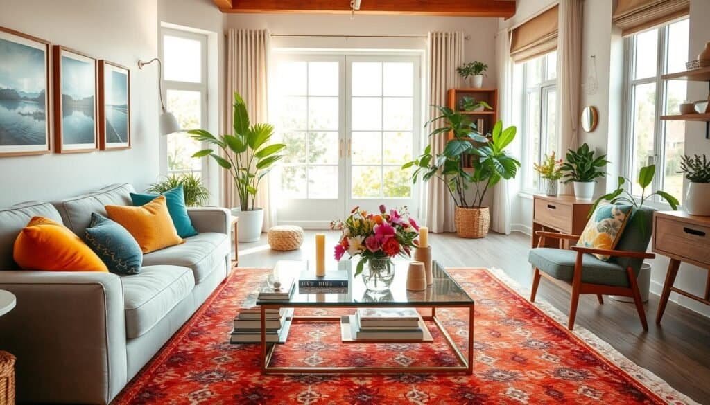 A revitalized living area designed to exude warmth and comfort. In the foreground, a cozy plush sofa adorned with colorful throw pillows and a vibrant patterned rug. In the middle, a chic coffee table showcasing a bouquet of fresh flowers, surrounded by stylish books and decorative candles. The walls are painted in soft, inviting colors with framed artwork reflecting natural landscapes. In the background, large windows allow bright, soft sunlight to flood the room, enhancing the airy atmosphere. Live houseplants add a touch of greenery, while warm wooden accents from side tables and shelves bring in an element of coziness. The overall mood is cheerful and refreshing, encouraging relaxation and inviting social interaction. The image should capture this harmonious balance in a realistic style, with a focus on natural lighting and inviting decor.