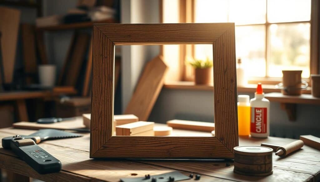 A rustic DIY picture frame workshop scene, showcasing a beautifully crafted, aged wooden picture frame in the foreground, with intricate wood grain details and a vintage touch. The middle ground features tools like a handsaw, sandpaper, and wood glue, arranged neatly on a workbench. The background captures a well-lit, airy workspace with natural light streaming through a window, illuminating the warm tones of the wood and creating a tranquil, inviting atmosphere. Soft sunlight casts gentle shadows, enhancing the textures of the wood and tools. The overall mood is cozy and inspiring, perfect for a weekend project that celebrates handmade craftsmanship.