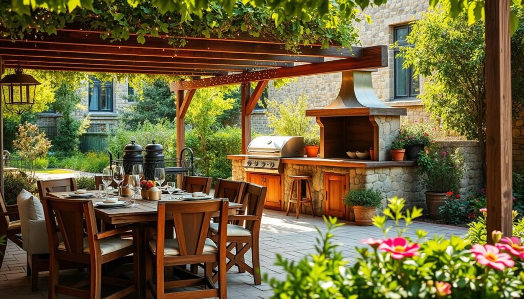 A rustic outdoor dining area featuring a wooden table set with elegant dinnerware beneath a charming pergola draped with twinkling fairy lights. In the foreground, a cozy seating area includes hand-crafted chairs, adorned with soft cushions. The middle ground showcases a grill station made of reclaimed wood and stone, surrounded by potted herbs, emphasizing a connection to nature. In the background, a lush garden with green foliage and colorful flowers creates a vibrant yet serene atmosphere. The scene is bathed in warm, soft sunlight, enhancing the textures of the wood and the inviting ambiance. Capture this scene from an angle that highlights both the dining and cooking areas, evoking a sense of comfort and relaxation in outdoor living spaces.