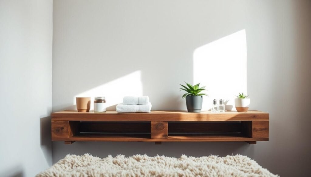 A rustic pallet bathroom shelf elegantly positioned against a light, airy bathroom wall. The shelf is crafted from reclaimed wood, showcasing natural textures and grains, adorned with neatly arranged plant pots and minimalist bathroom essentials like handmade soaps and towels. In the foreground, a soft, plush bath mat adds warmth, while in the middle, the shelf catches gentle, diffused sunlight streaming through a nearby window, creating a serene atmosphere. The background features subtle, muted tiles, enhancing the calm aesthetic. This image captures the essence of mindful creativity, with a clean and cozy design that invites tranquility and inspiration. The lighting is bright and natural, suggesting a peaceful, inviting space for reflection and relaxation.
