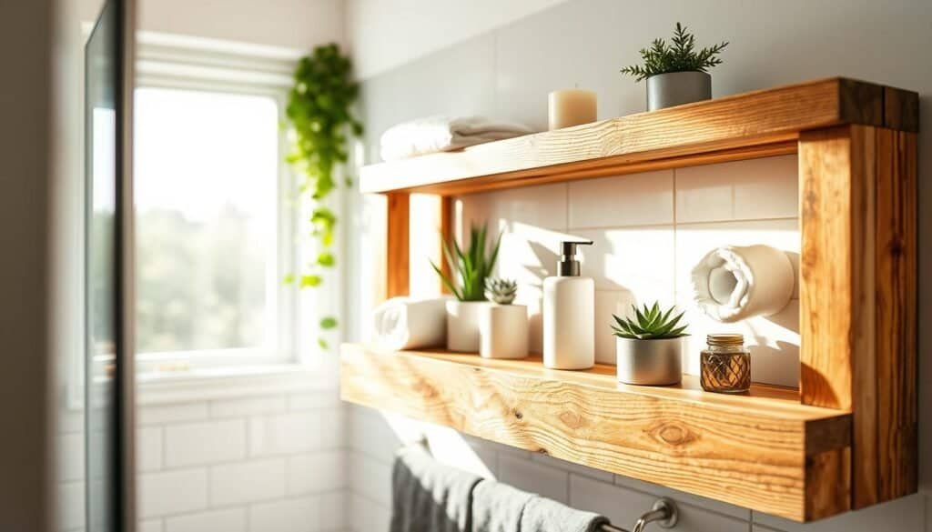 A rustic pallet bathroom shelf made from reclaimed wood, showcasing its natural textures and grains. The shelf is adorned with neatly arranged bathroom essentials such as rolled towels, potted plants, and scented candles, adding a touch of warmth and coziness. Bright natural light pours in through a nearby window, casting soft shadows and highlighting the shelf's features. The background includes a calming bathroom scene with white tiles and a touch of greenery. The image is captured from a slightly elevated angle, emphasizing the shelf's functional design while creating an inviting atmosphere. The overall mood is cheerful and serene, perfect for showcasing a simple yet stylish DIY solution for small spaces.