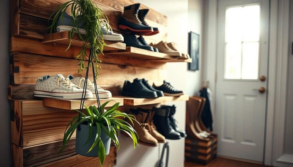 A rustic wall-mounted shoe rack made from reclaimed wood, showcasing a harmonious blend of natural textures and colors. The rack displays several pairs of shoes neatly organized, featuring a combination of stylish sneakers and classic boots. In the foreground, a hanging plant adds a touch of greenery, enhancing the warm and inviting atmosphere. The middle ground focuses on the shoe rack, while the background features a bright and airy entryway with soft sunlight streaming through a window, illuminating the scene. Captured from a slightly elevated angle with a 35mm lens, the image conveys a cozy, lived-in feel, perfect for real home settings.