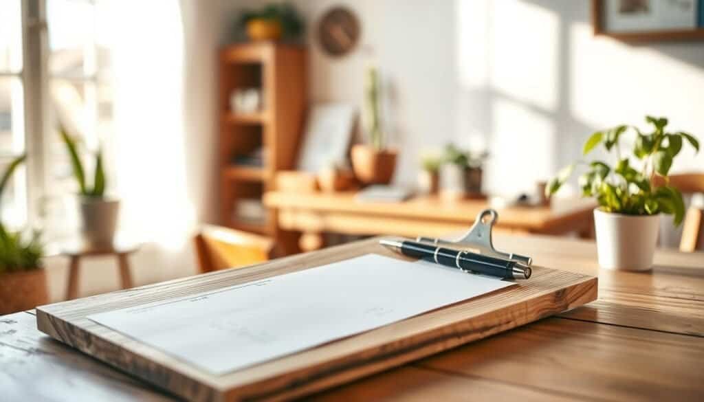 A rustic wooden clipboard crafted from reclaimed wood, showcasing its natural grain and texture. The clipboard is placed prominently in the foreground, with a few hand-written notes and a stylish pen resting on it. In the middle ground, a cozy home office setup can be seen, complete with potted plants and a wooden desk bathed in soft, warm sunlight filtering through a nearby window. The background features an airy, well-lit environment that enhances the rustic charm. The scene evokes a sense of tranquility and productivity, ideal for a creative workspace. Capture this image using a soft-focus lens to ensure the clipboard stands out sharply against the blurred backdrop.