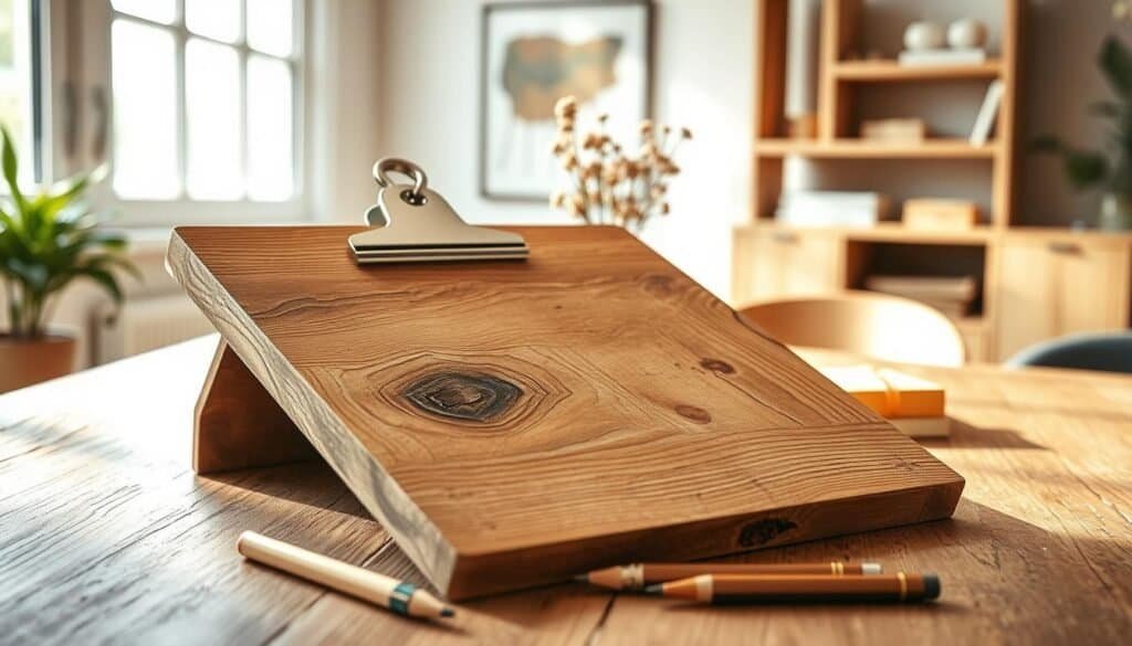 A rustic wooden clipboard made from reclaimed barn wood, showcasing natural grain patterns and knots. The clipboard, with a sturdy metal clip, is placed on a textured wooden table, highlighted by soft, diffused natural sunlight streaming in from a nearby window. In the foreground, a set of neatly arranged stationery items, including a pencil and a notepad, add a functional touch. The middle ground features a simple, minimalist vase with wildflowers, emphasizing a cozy, homey atmosphere. In the background, light decorations like an abstract painting and wooden shelves enhance the aesthetic. The overall scene radiates warmth and invites creativity, perfect for showcasing DIY wood projects in a stylish, airy setting.