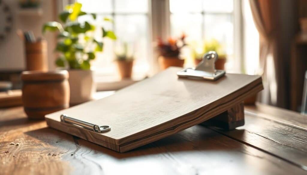 A rustic wooden clipboard resting on a well-worn, natural wooden table, showcasing its grain and texture. The clipboard features a weathered finish, with metal clip detail glinting softly in bright, natural light. The focus is on the clipboard in the foreground, capturing its craftsmanship. In the middle ground, a few sheets of kraft paper are partially visible, suggesting use. The background is softly blurred, revealing a cozy, airy workspace with potted plants catching the soft sunlight streaming through a nearby window. The atmosphere is warm and inviting, evoking a sense of practicality and creativity in DIY woodworking projects. The image is well-lit, conveying a serene and productive mood.
