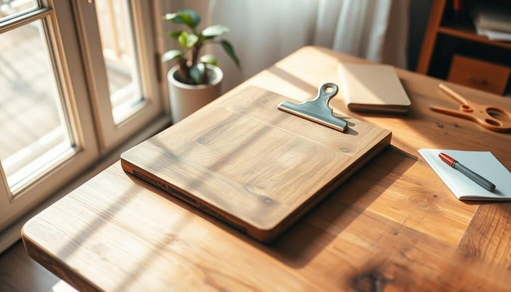 A rustic wooden clipboard rests on a cozy, handcrafted wooden table in a bright, airy room. Sunlight streams through a nearby window, casting soft, warm light that highlights the rich texture of the wood. The clipboard, with its natural grain and slight imperfections, has a weathered charm, adorned with a simple brass clip. In the background, a plant in a ceramic pot adds a touch of greenery, while a few scattered crafting tools and notebooks evoke a creative workspace. The scene conveys a serene and inviting atmosphere, ideal for DIY enthusiasts who find joy in handmade projects. The camera angle is slightly above, providing a clear view of the clipboard and its rustic details, creating an overall sense of warmth and organization.