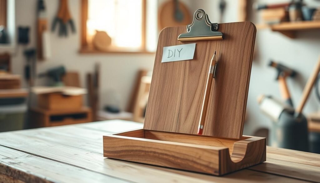 A rustic wooden clipboard with a smooth, weathered finish resting against a soft, airy backdrop. The clipboard is adorned with a few neatly arranged handwritten notes and a delicate pencil, emphasizing the DIY aspect. In the foreground, a partially finished memo holder made of reclaimed wood adds depth, showcasing rich grain patterns and a natural patina. Soft sunlight filters in from a nearby window, illuminating the scene with warm, inviting light, creating gentle shadows. The background features a blurred view of a cozy workshop, filled with tools and natural wood, enhancing the atmosphere of creativity and organization. The overall mood is relaxed yet inspiring, perfectly capturing the essence of crafting and the joy of making.