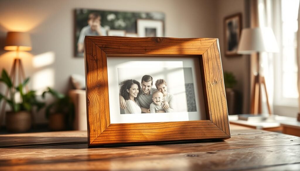 A rustic wooden picture frame, skillfully crafted from reclaimed wood, showcasing a beautiful family photo. The frame, adorned with subtle imperfections that tell a story, is placed on a weathered wooden table. In the foreground, soft sunlight filters through a nearby window, creating warm highlights and gentle shadows on the frame's surface. The middle ground features a cozy living room with neutral-toned walls, a hint of greenery from potted plants, and a vintage lamp adding to the ambience. The background subtly fades into a soft blur, highlighting the frame as the central focus. The overall mood is inviting and nostalgic, evoking a sense of timelessness and cherished memories.