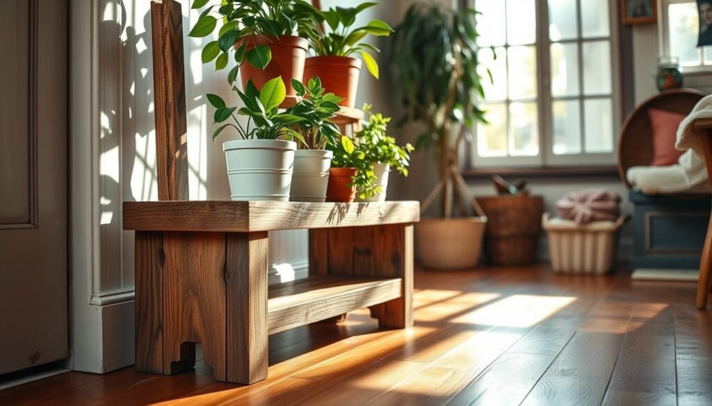 A rustic wooden plant stand, crafted from reclaimed barn wood, featuring a weathered finish and natural imperfections that evoke a warm farmhouse aesthetic. The stand is adorned with vibrant green potted plants, showcasing a variety of textures and leaf shapes. In the foreground, the stand is positioned on a wooden floor, enhancing the warm tones of the wood. The soft, diffused light filters through a nearby window, casting gentle shadows and highlights on the stand, creating an inviting atmosphere. The background reveals hints of a cozy interior, with subtle decor elements like a woven basket and a vintage window. Shot from a low angle to emphasize the height of the plant stand, this image conveys a serene and natural ambiance, perfect for showcasing rustic home décor ideas.