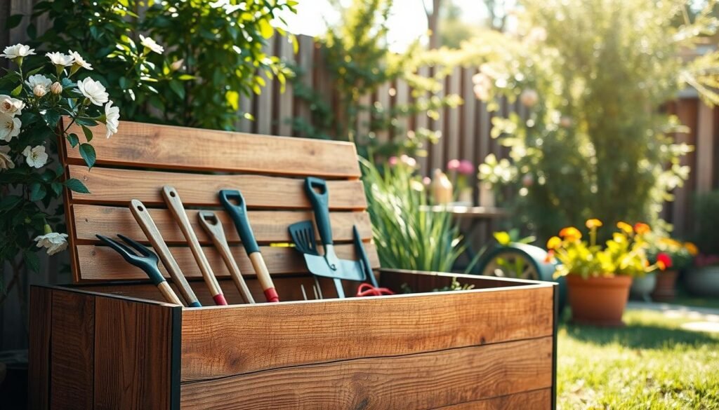 A rustic wooden storage unit designed for garden tools, featuring weathered wood with a warm, earthy tone. In the foreground, an open storage box reveals neatly arranged gardening tools like trowels and rakes, showcasing their worn charm. The middle ground displays the storage unit against a backdrop of a sunlit backyard, with green plants and blooming flowers enhancing the natural atmosphere. Soft sunlight filters through nearby foliage, casting gentle patterns of light and shadow. The image has a serene, inviting mood, reflecting a lived-in feel, emphasizing the blend of functionality and rustic aesthetics in outdoor storage solutions. The composition should be viewed from a slightly elevated angle, capturing the full depth and texture of the wood. The scene is devoid of any text or overlays, focusing entirely on the appealing rustic details.