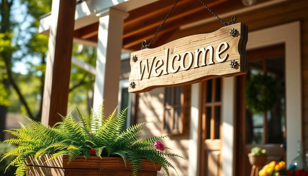 A rustic wooden welcome sign, beautifully hand-carved, is mounted on a charming front porch. The sign is adorned with subtle floral details, showcasing classic craftsmanship. Below the sign, an attached wooden planter brims with vibrant green ferns and colorful flowers, adding a touch of life and warmth. The scene is bathed in bright natural light, with soft sunlight filtering through nearby trees, casting gentle shadows on the porch. In the background, a cozy home is visible, featuring a welcoming entrance with warm tones and a hint of greenery. The overall mood is inviting and serene, evoking a sense of home and hospitality, captured with a shallow depth of field to emphasize the sign and planter in sharp focus.
