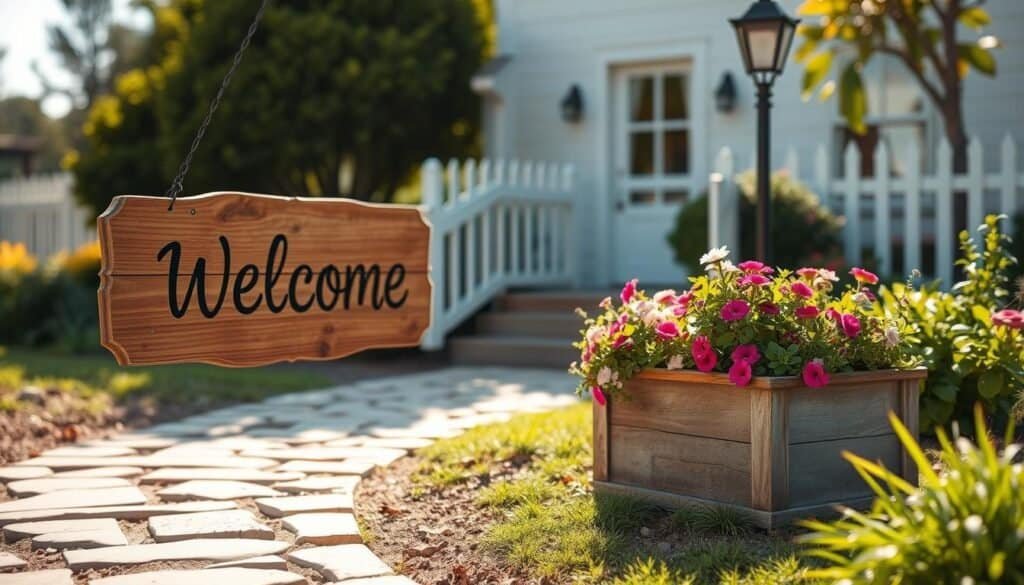 A rustic wooden welcome sign, elegantly crafted with a natural grain texture, is prominently displayed in the foreground. Beneath it, a charming planter box overflows with vibrant flowers and lush greenery, adding a pop of color to the scene. The middle ground features a well-maintained garden path, made of light-colored stones, inviting the viewer into the setting. In the background, a soft-focus image of a quaint home with a picket fence completes the idyllic atmosphere. The lighting is bright and airy, with warm, soft sunlight casting gentle shadows, enhancing the peaceful ambiance. Capture this scene from a slight low angle to emphasize the welcoming nature of the sign and planter, evoking a sense of warmth and hospitality.