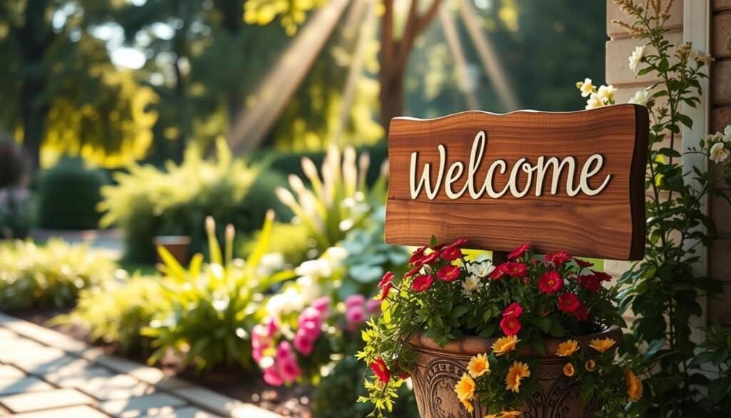 A rustic wooden welcome sign, elegantly crafted with smooth edges and natural grain, stands prominently in the foreground. The sign features a subtle, hand-painted design, exuding warmth and charm. Below, a charming planter brims with colorful seasonal flowers, adding vibrancy and life. The middle ground showcases a beautiful garden setting, filled with lush green foliage and soft, blooming plants, creating a feeling of serenity. In the background, gentle sunlight filters through the trees, casting soft, golden rays that illuminate the scene, enhancing the inviting atmosphere. The composition is captured from a slightly elevated angle, creating depth and focus on the sign and planter. The overall mood is cheerful and welcoming, perfect for a home entrance, evoking feelings of comfort and hospitality.