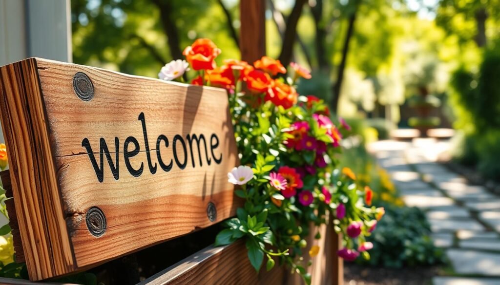 A rustic wooden welcome sign integrated into a charming planter, adorned with vibrant seasonal flowers and lush green foliage. The sign, crafted from reclaimed wood, features a warm, inviting finish with natural textures and grains. The foreground showcases the sign slightly tilted, inviting viewers to appreciate its artisan craftsmanship. In the middle ground, the planter brims with colorful blooms, creating a delightful contrast against the wood. The background reveals a softly blurred garden path, dappled with sunlight filtering through trees, enhancing the serene atmosphere. The image is illuminated by bright, natural light, casting gentle shadows and highlights, evoking a sense of warmth and comfort, perfect for a cozy outdoor space where nature and creativity intertwine beautifully.