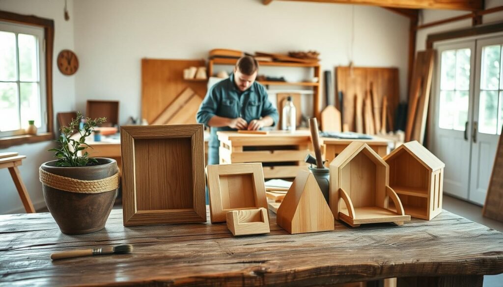 A rustic workshop scene showcasing creative DIY wood projects in action. In the foreground, a weathered wooden table holds various upcycled wood items, including a flower pot, a picture frame, and a small bookshelf, each displaying rich textures and natural finishes. In the middle ground, a craftsman in modest casual clothing carefully sands a wooden crate, surrounded by tools such as a saw, hammer, and paintbrushes, demonstrating the art of transformation. The background features an airy, well-lit space with large windows allowing soft, natural sunlight to illuminate the scene, casting gentle shadows and enhancing the warmth of the wood. The overall mood is inviting and inspiring, reflecting a blend of creativity and craftsmanship in a tranquil environment.